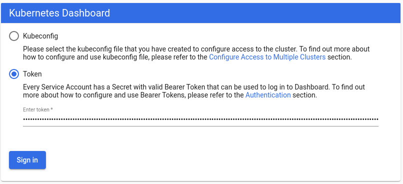 Kubernetes Dashboard authentication dialog