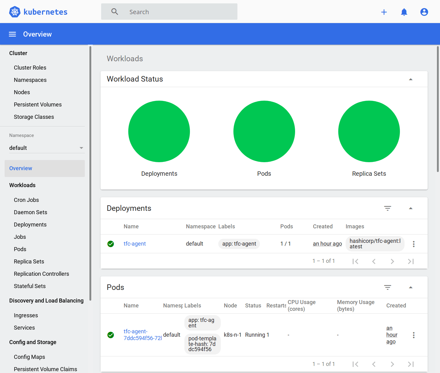 Kubernetes Dashboard showing the Terraform Cloud Agent