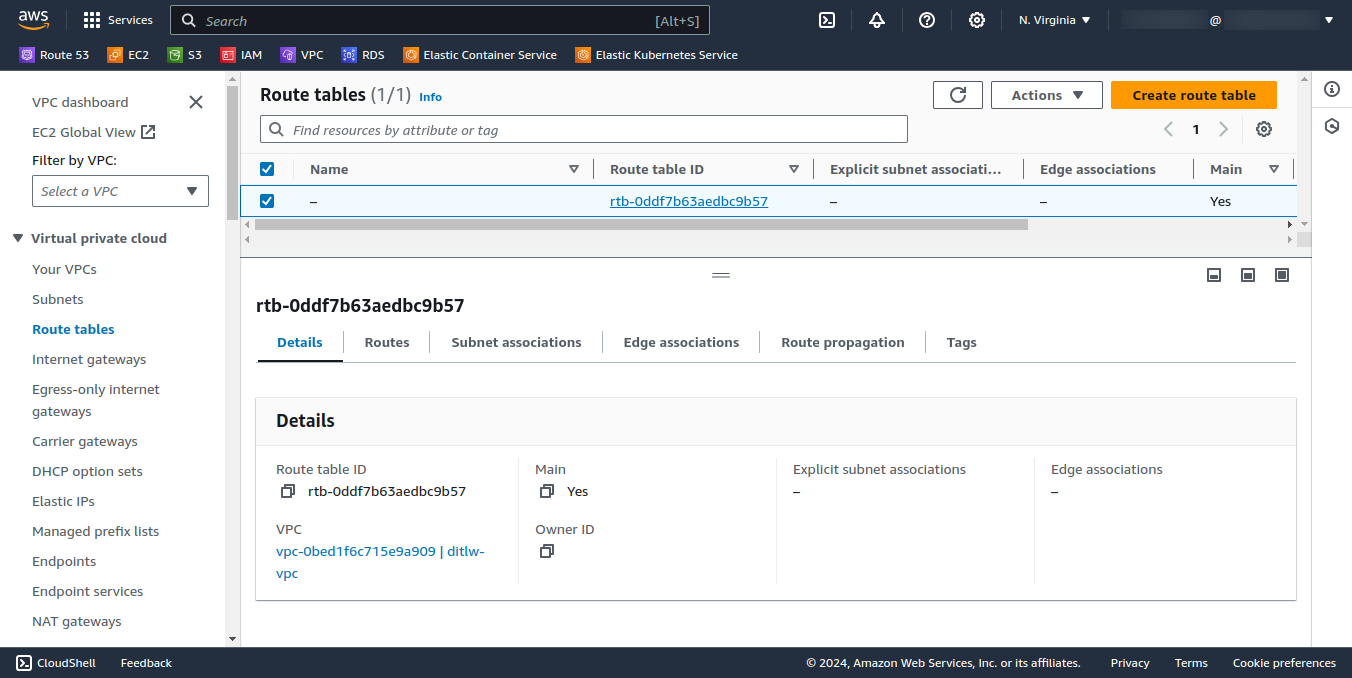 RouteTables VPC Console list main default