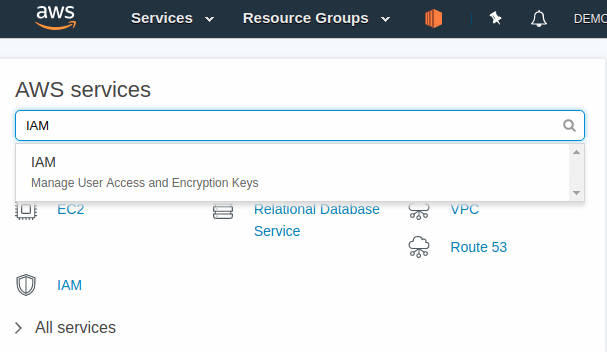 Create an AWS IAM User for Demos 3 AWS Services select IAM