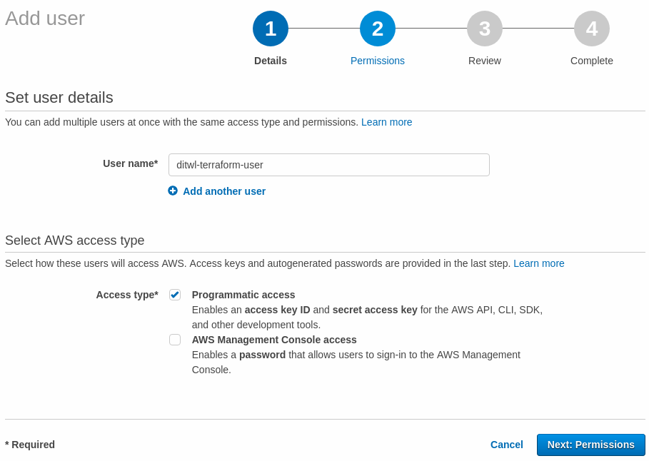 Create an AWS IAM User for Demos 5 AWS Add user wizard