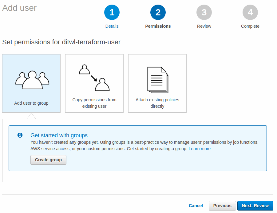 Create an AWS IAM User for Demos 6 AWS Add Users, set permissions, add to group