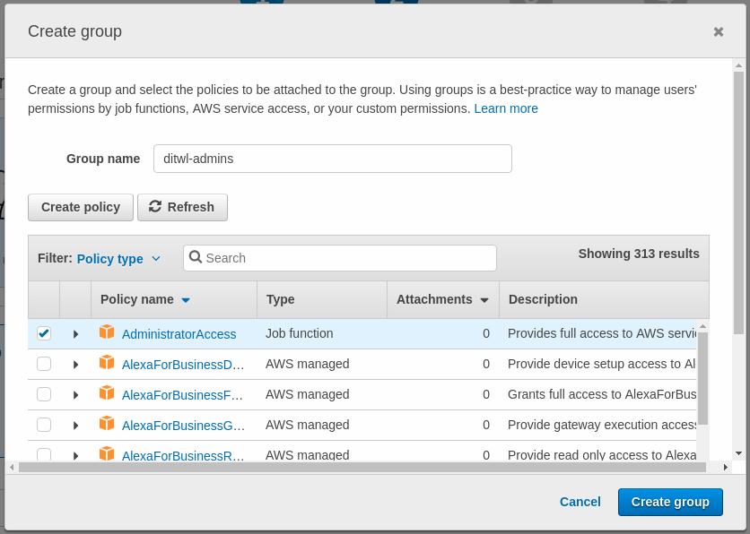 Create an AWS IAM User for Demos 7 AWS create group add policy