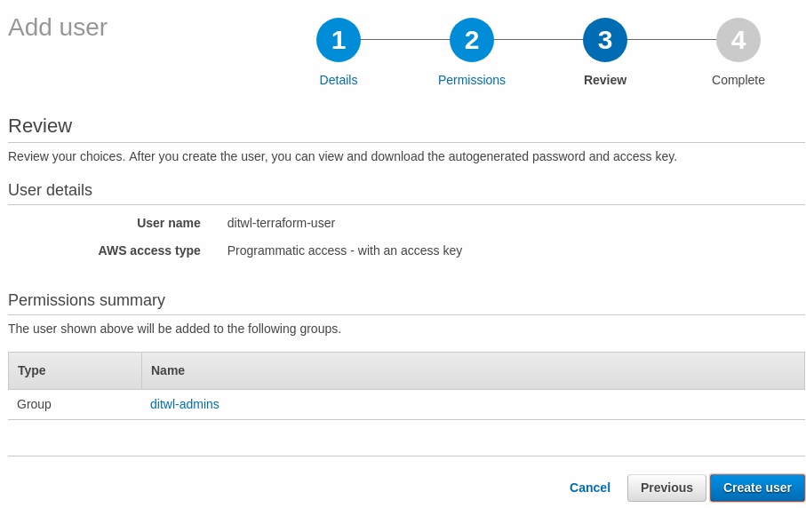 Create an AWS IAM User for Demos 9 AWS Add user review screen
