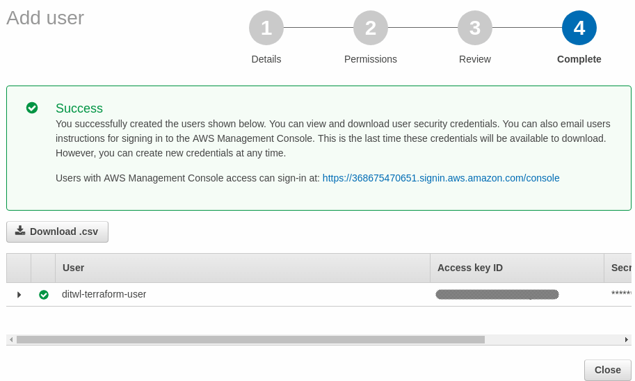 Create an AWS IAM User for Demos 10 AWS Add user download credentials